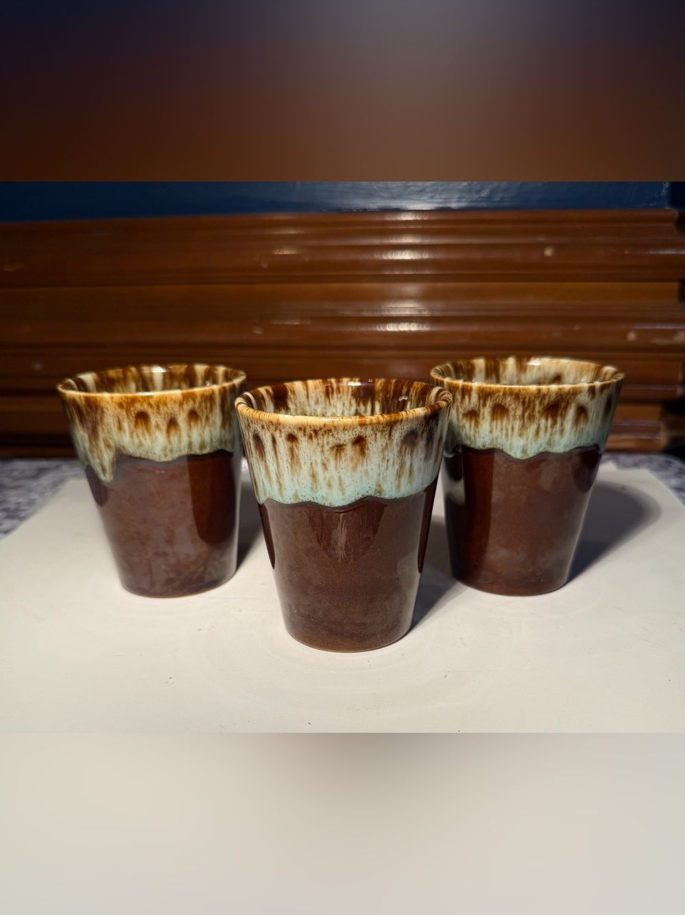 Set Of 3, Brown/Beige Drip Glaze Ceramic Tumblers/Cups, 4 In Tall